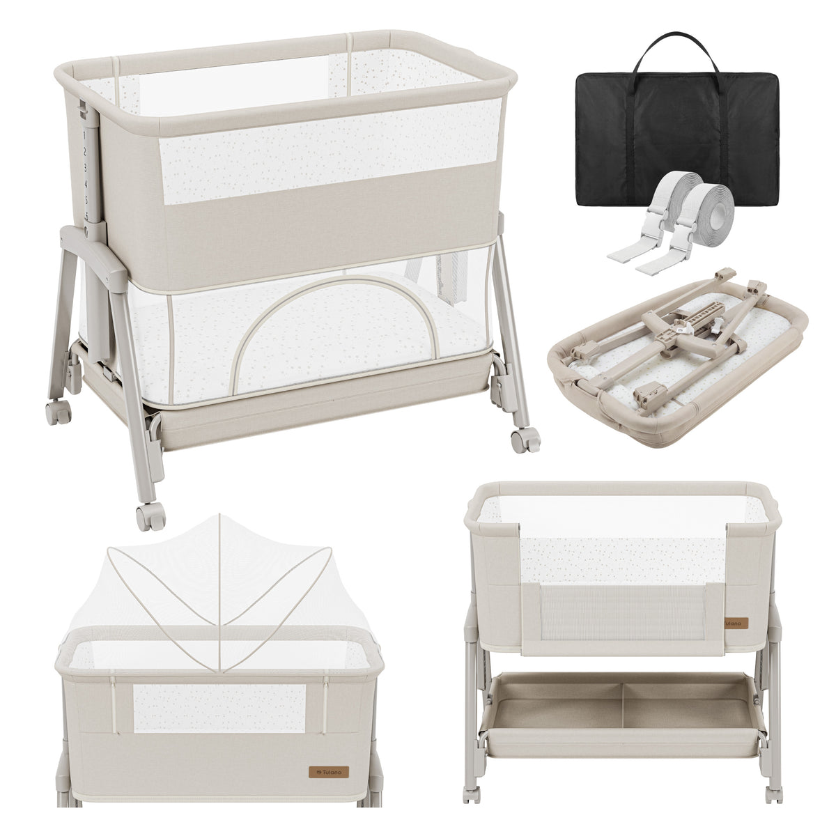 Pătuț co-sleeper și de călătorie 4în1 Tulano Dream 55 Beige