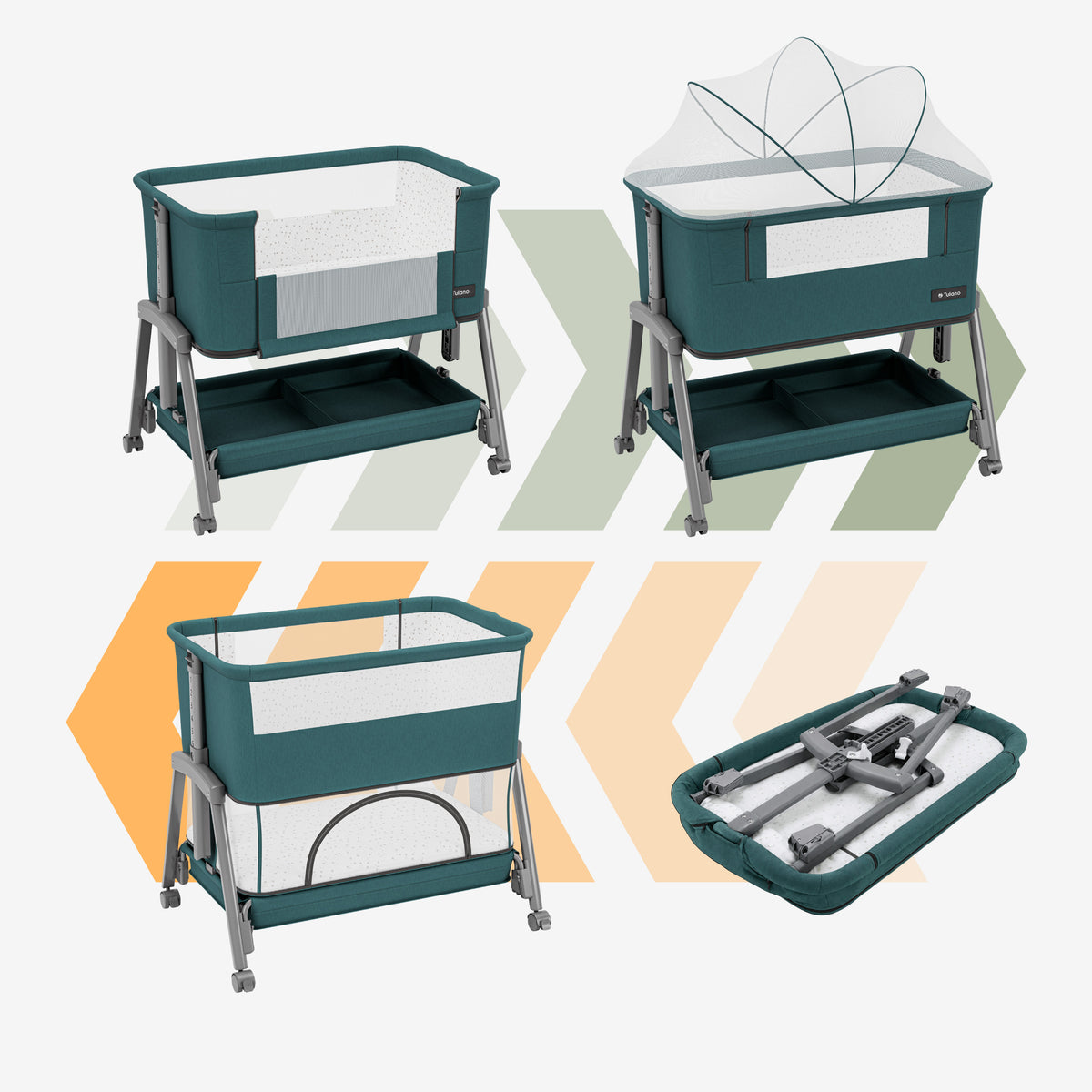 Pătuț co-sleeper și de călătorie 4în1 Tulano Dream 55 Green
