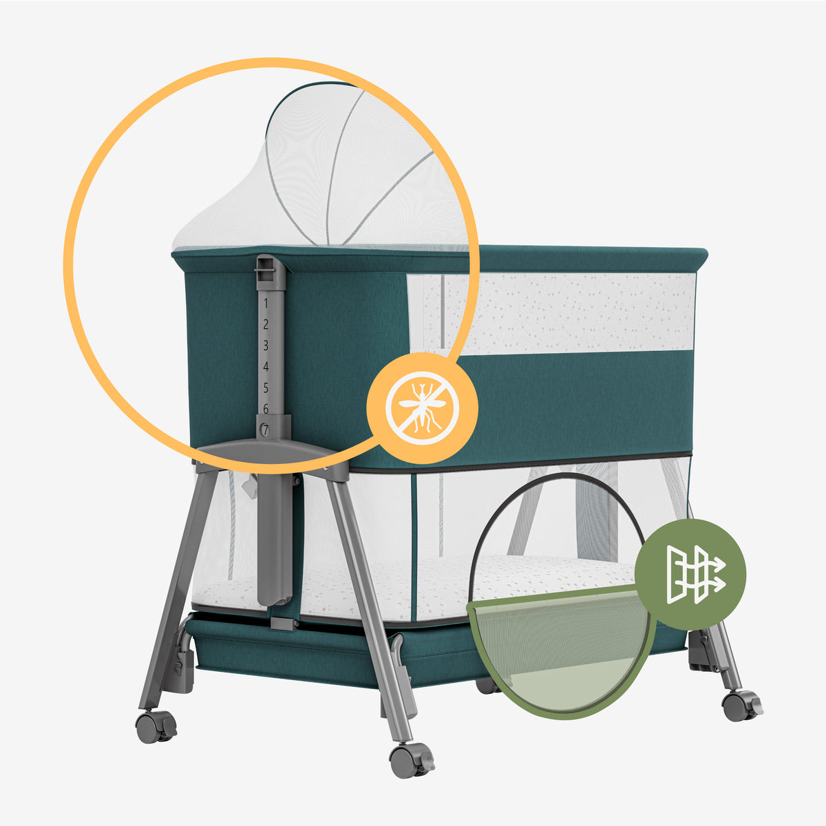 Pătuț co-sleeper și de călătorie 4în1 Tulano Dream 55 Green