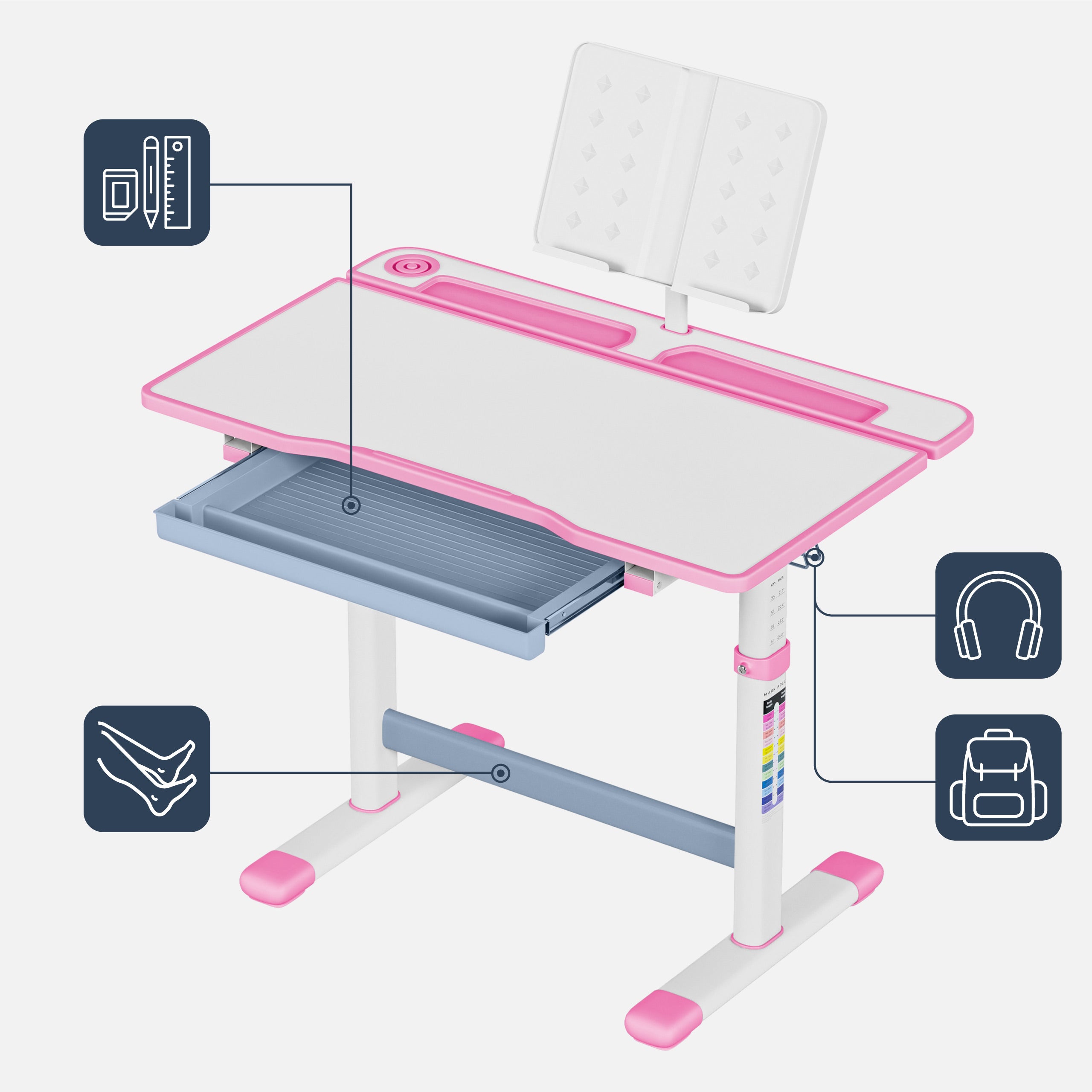 Birou ergonomic pentru copii Mark Adler Study 3.0 Pink, 66 cm